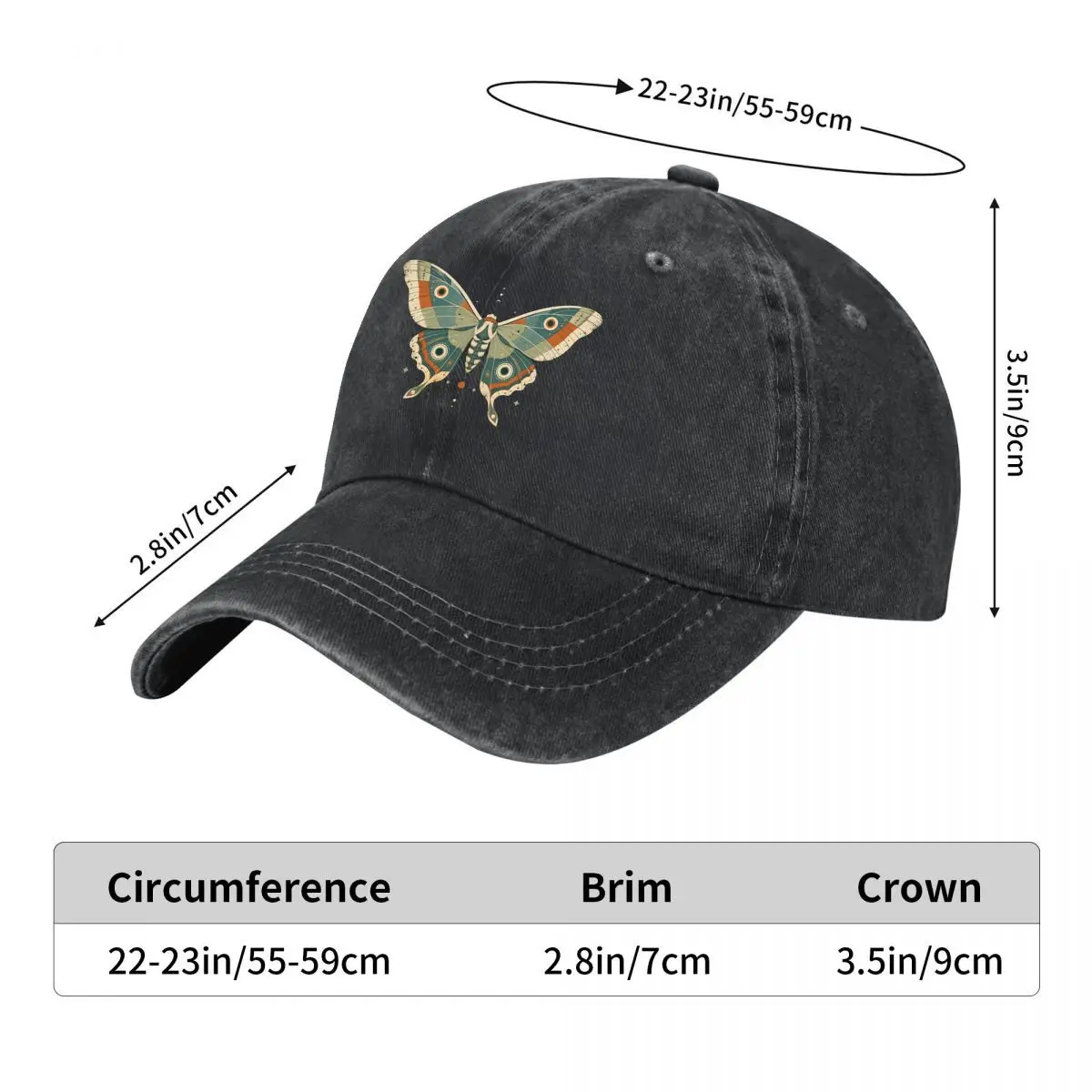 Vintage Lunar Moth Botanical Emblem Washed Baseball Cap Hip Hop Sun Hats