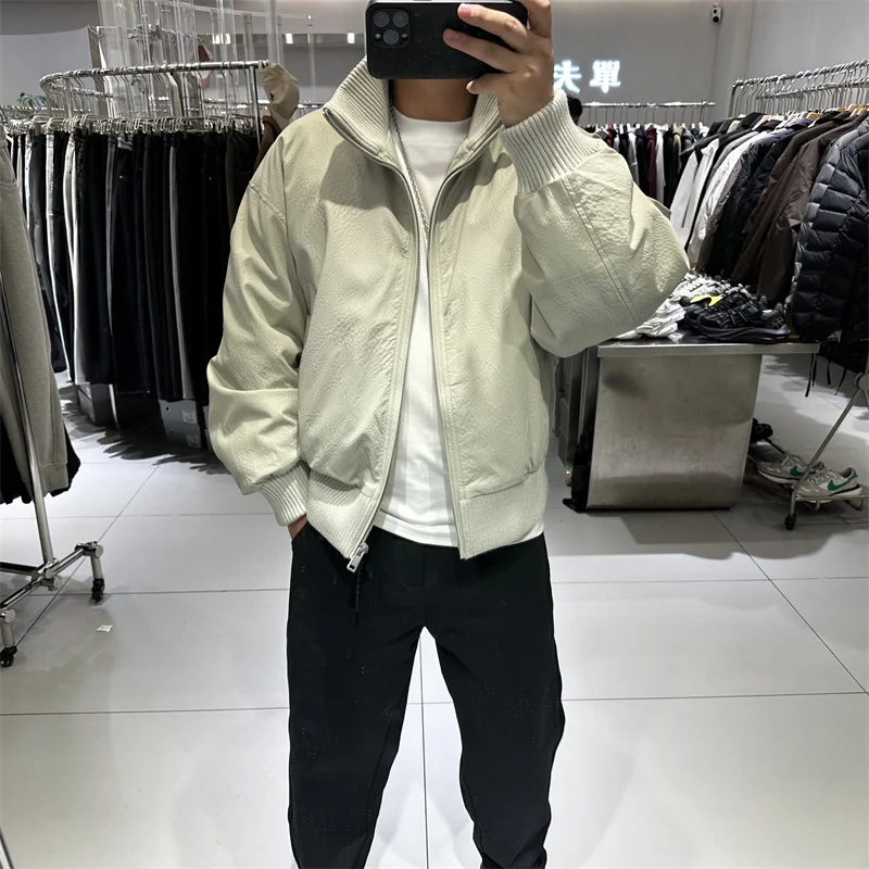

Men's Winter Faion Brand Leather Jaet down Coat Loose Anti-Cold Warm mat Sle White Du down PU Jaet