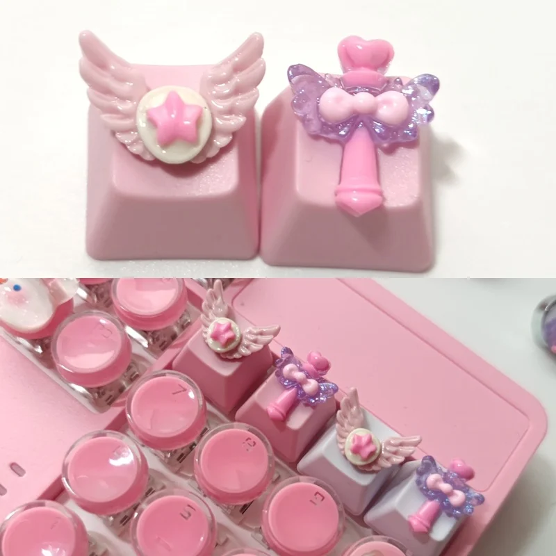 Mechanical Keyboard Keycap Two Piece Set R4 Height Oem Pbt Handmade Cute Girl Pink Magic Wand Suitable Cross Axis Keycaps