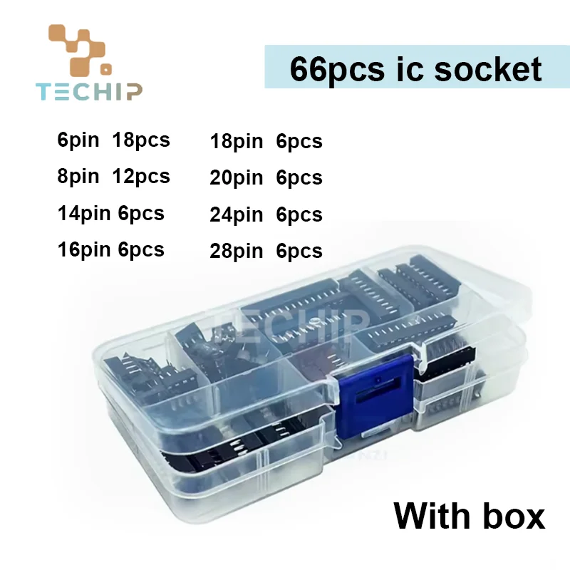 66PCS / box DIP IC Sockets Adaptor Solder Type Socket Kit 6,8,14,16,18,20,24,28 pins