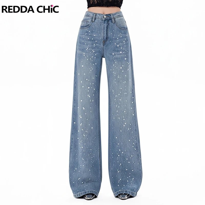 

Женские прямые джинсы REDDACHiC со стразами, винтажные, новые, с эффектом потертости, с высокой талией, свободные, мешковатые, джинсовые брюки в стиле Y2K, модная уличная одежда