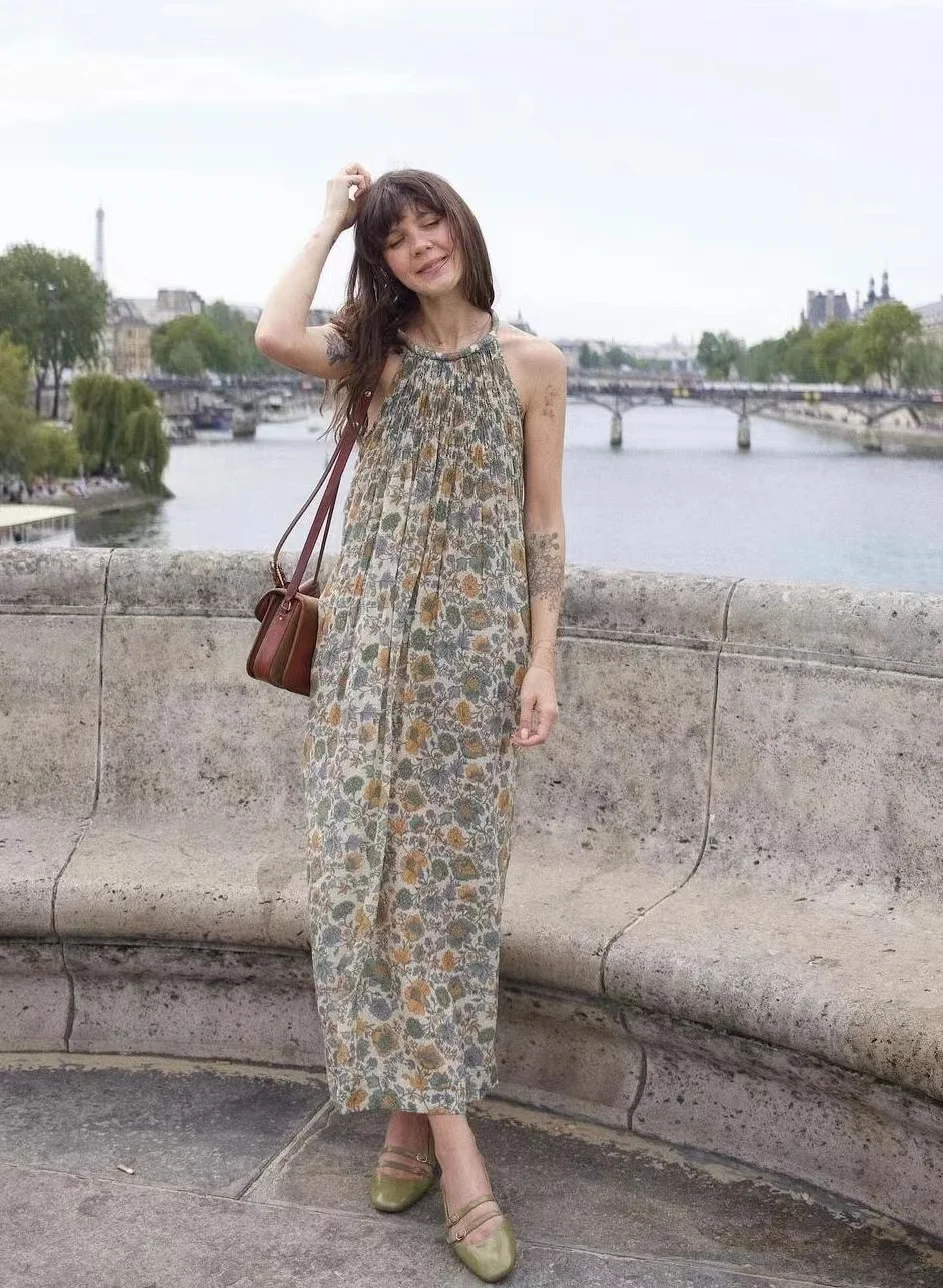 

Women Flower Print Bohemian Style Halter Neck Sleeveless 2024 Summer Long Dress