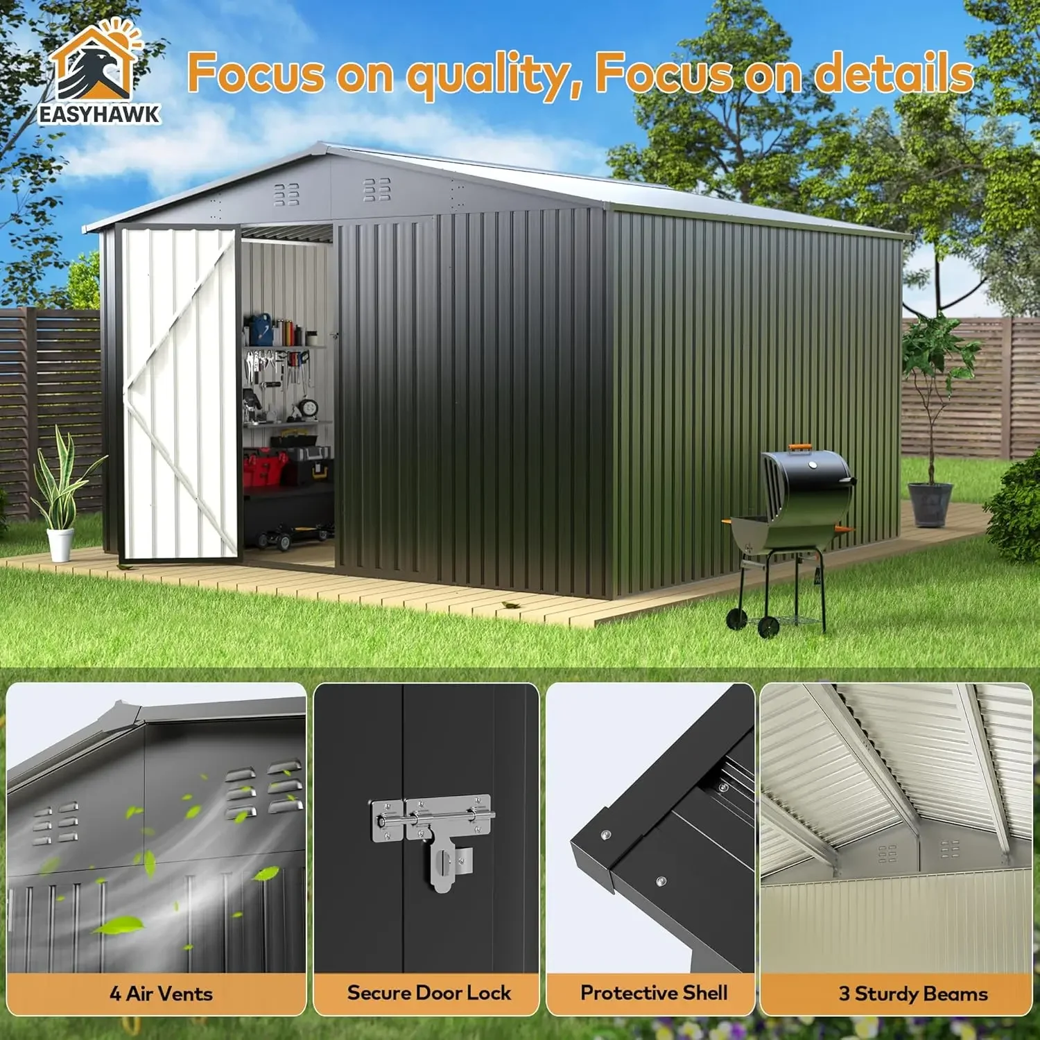 

10 x 10 FT Outdoor Storage Shed, Metal Waterproof Storage Shed Steel Utility Garden Tool Shed with Door & Lock Outdoor Storage f