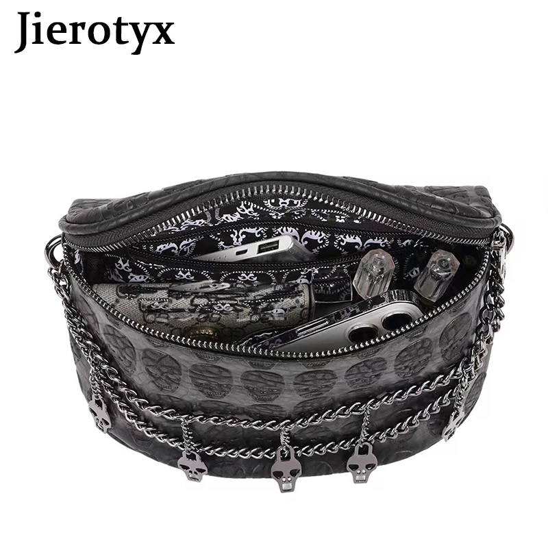 JIEROTYX Studded Skull Bag for Women Vegan Leather Punk Rock Rivet Bag Shoulder Bag with Chain Black Leather Wallet Purse