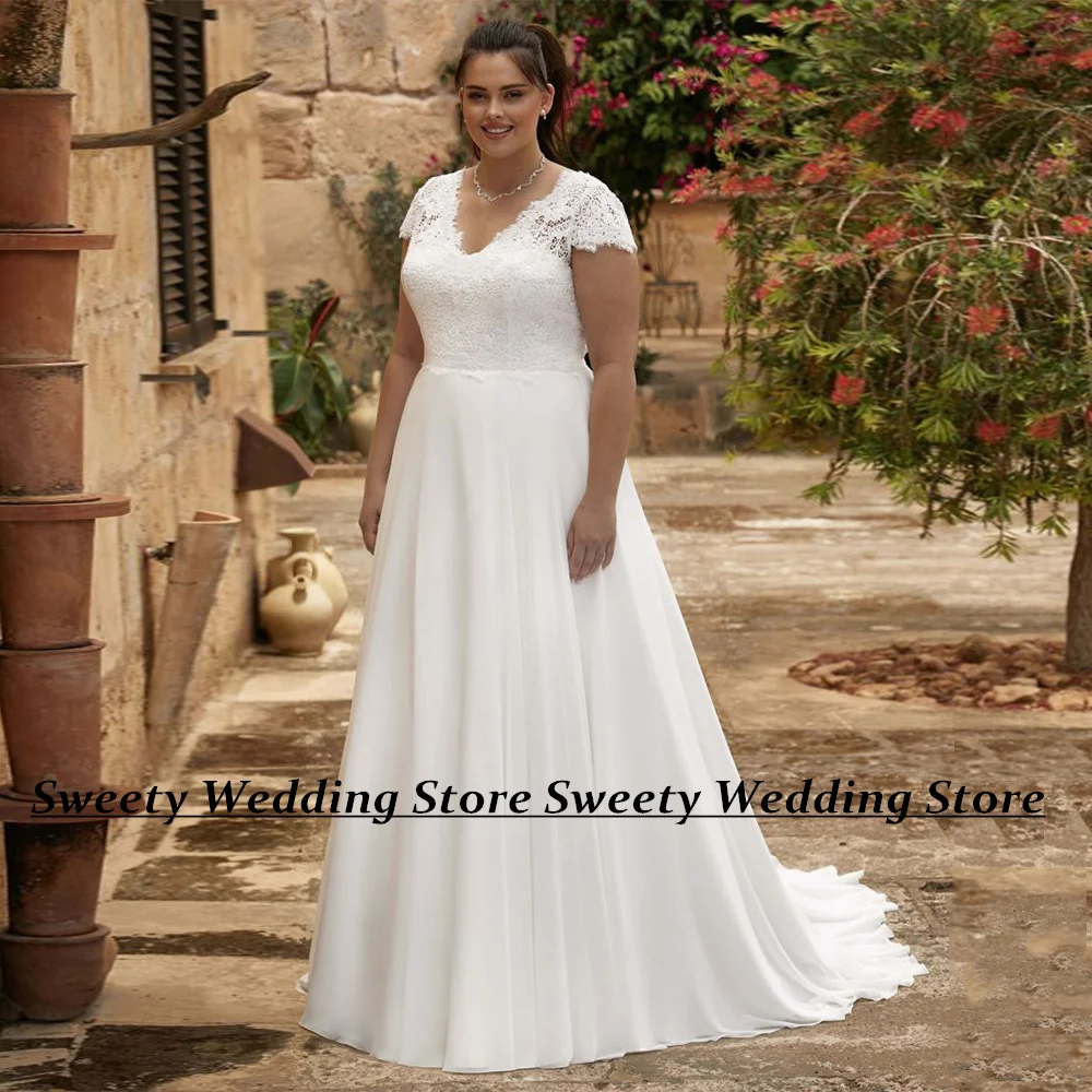 

Jiayigong Short Sleeves Wedding Dress Plus Size V Neck Lace Chiffon Bridal Gown Sweep Train A Line Beach