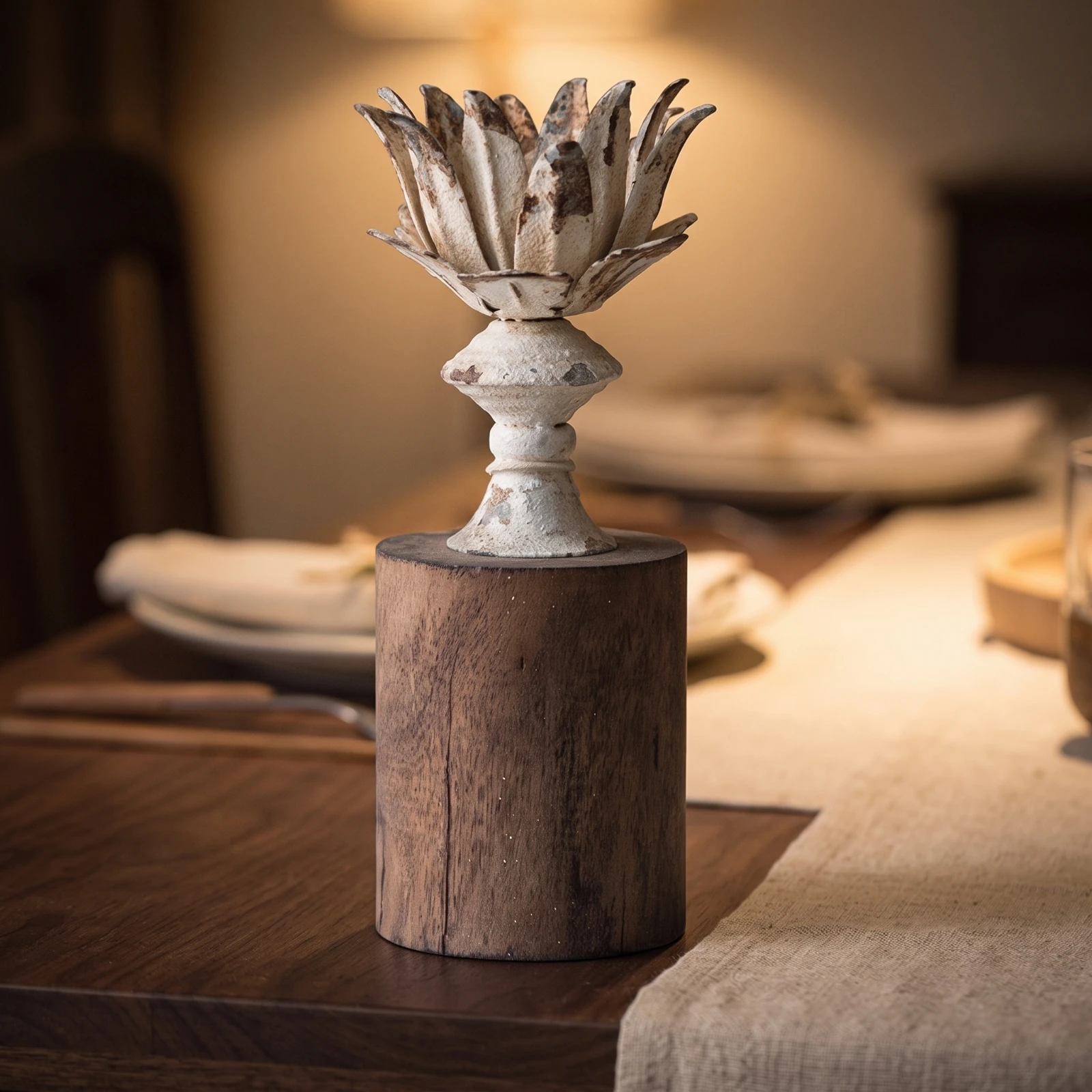 Lotus Candle Holder Tabletop Candle Holder with Wood Base Table Accent Vintage Decor Farmhouse for Mantel view 3