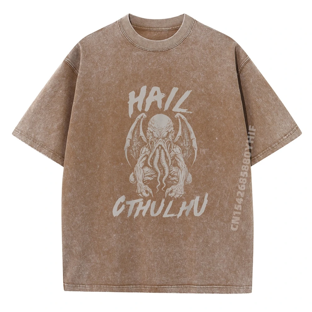 تي شيرت Hail Cthulhu Horror Legend Monster Harajuku كبير الحجم تي شيرت كلاسيكي مغسول قميص رجالي جرافيك