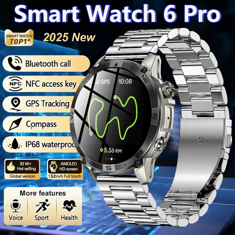 

2025 New Built in GPS Smart Watch NFC AMOLED Heart Rate Blood Oxygen Monitoring Pressure Gauge Exercise Tracking Men Smartwatch