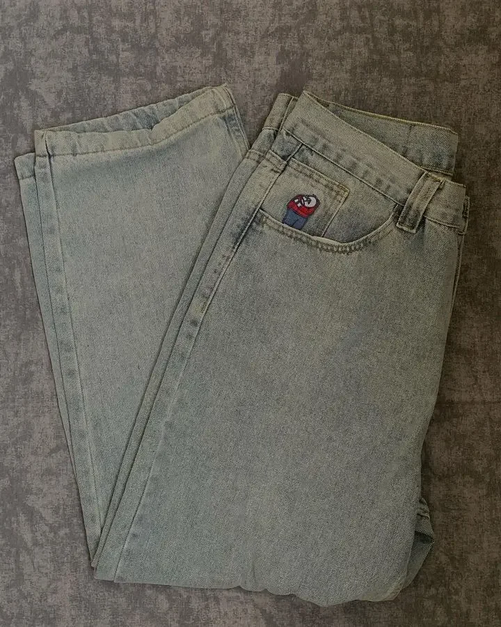 Pantalones vaqueros holgados con bordado de dibujos animados para hombre y mujer, Pantalón ancho de cintura alta, Harajuku, Hip Hop, niño grande, Y2K, nuevo