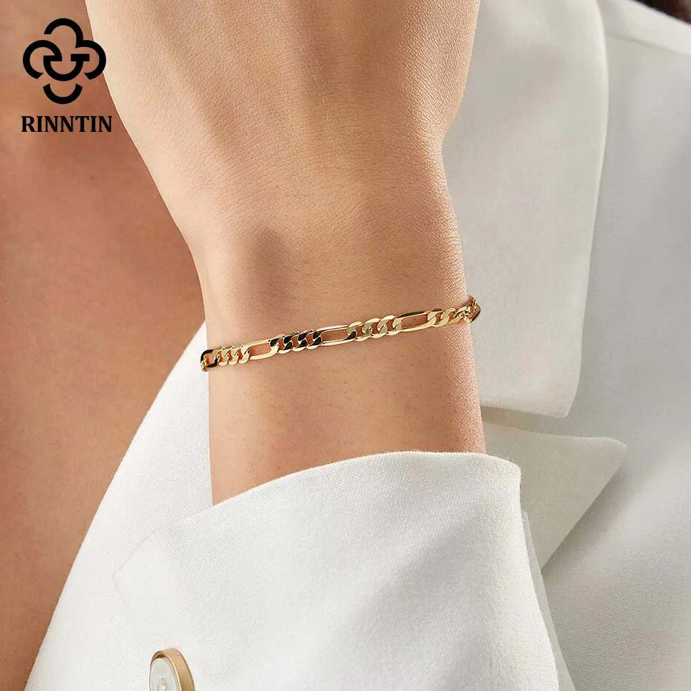 Rinntin Fashion 925 Sterling Silver Italian 3.3mm Diamond-Cut Figaro Link Chain Bracelet for Women Handmade Jewelry SB66