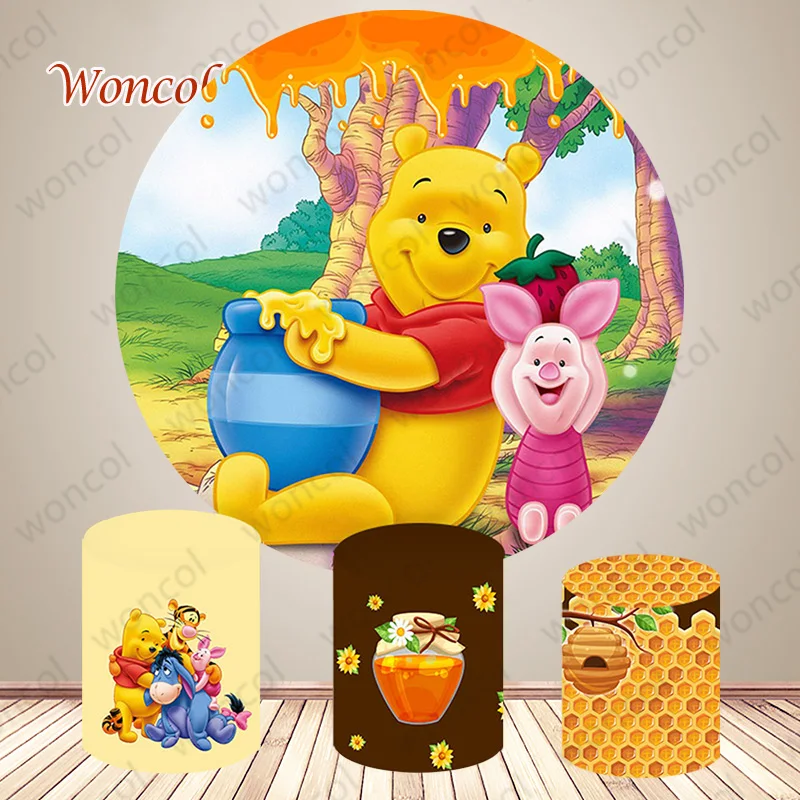 Pooh Piglet Round Backdrop Winnie The Pooh Birthday Backdrop Piglet Pooh Tigger Eeyore Cylinder Cover Baby Shower Decor Prop