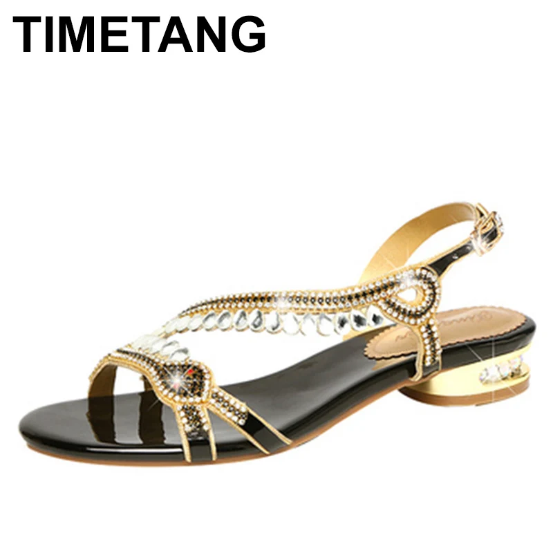 

High-grade Rhinestones Fashion New Women's Summer Young Elegant Sandals Thick Heel Leisure Flat Bottomed Beach Sandals