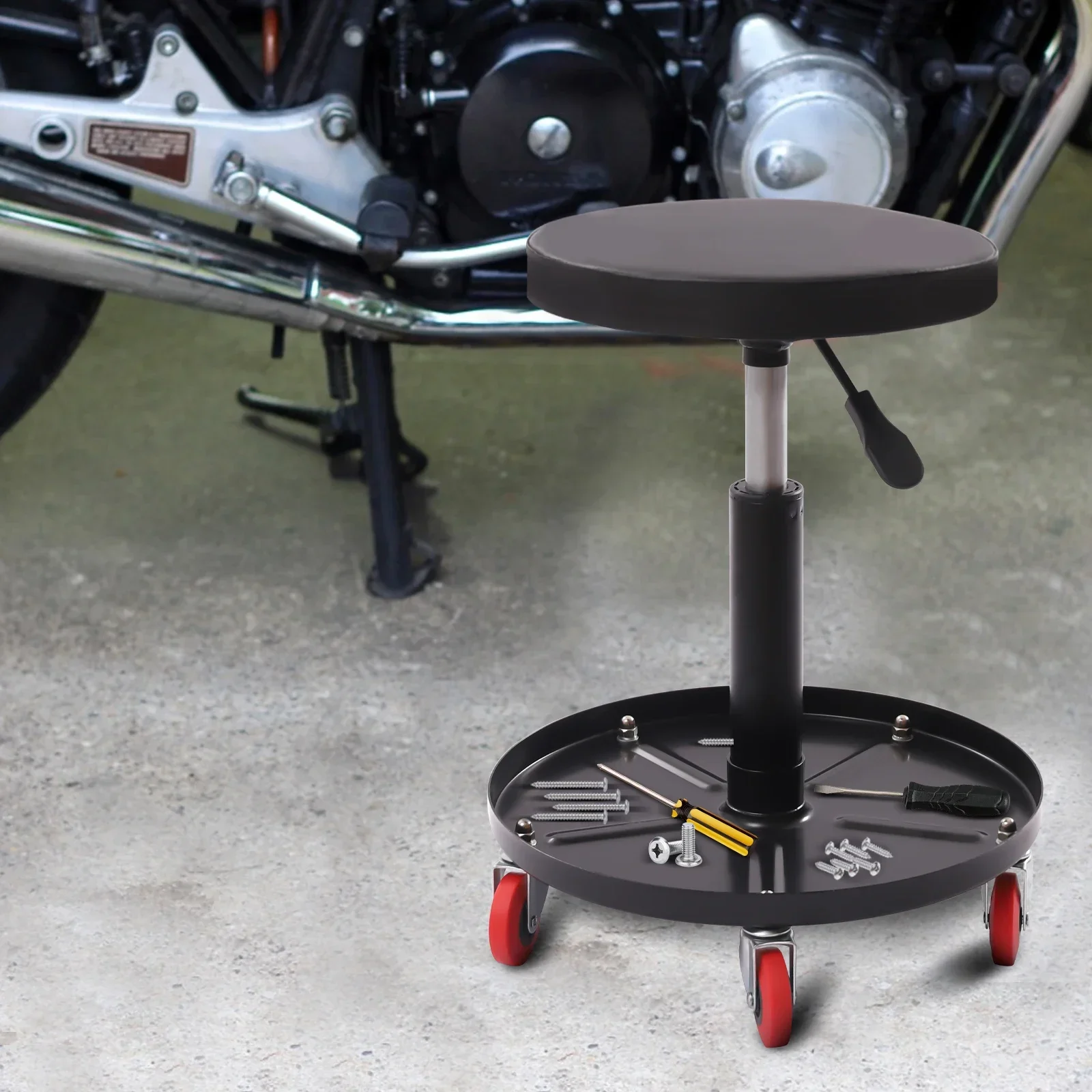 Adjustable Swivel Workshop Stool Round Rolling Seat Black Heavy Duty Garage Stool for Workshop Garage Repair Shop