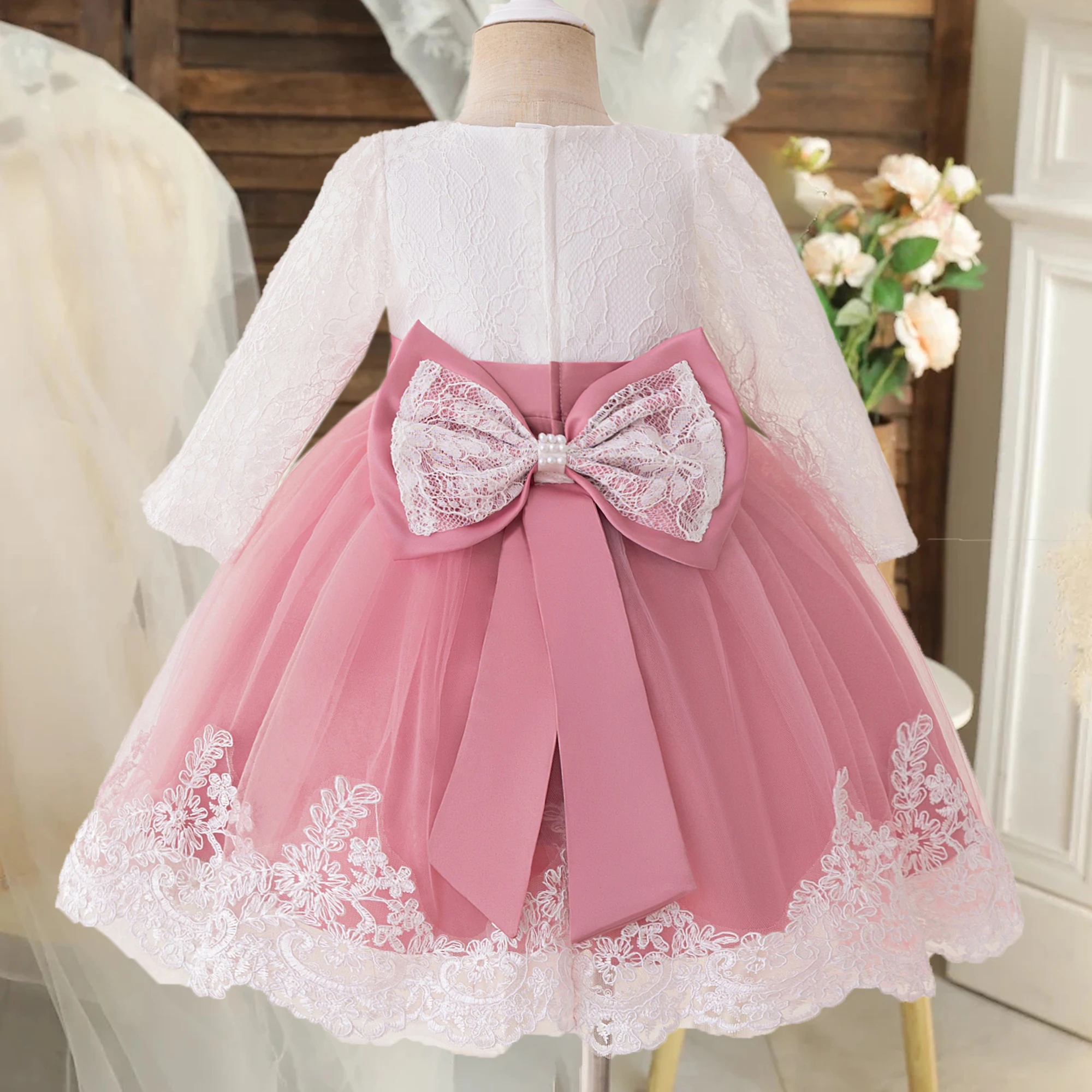 Elegant Big Bow Bridesmaid Party Girls Dress Long Sleeve Baptism Princess Birthday Prom Dresses Flower Pageant Wedding Costumes