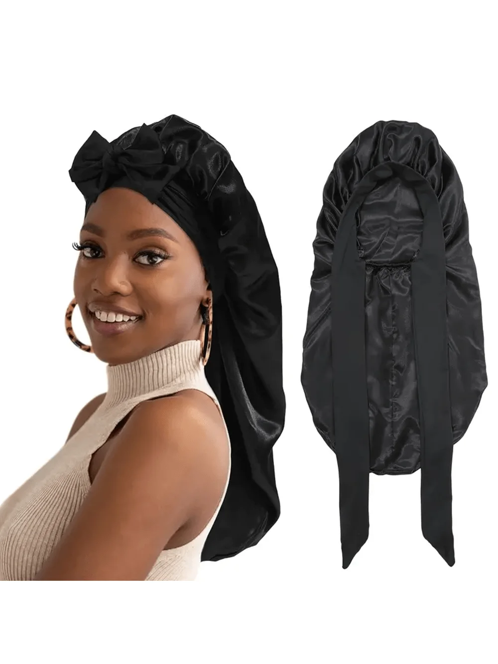 Bonnet long en satin avec bandeau à nœud papillon, bonnet de nuit en soie extra large pour tresses et cheveux bouclés, chapeau de nuit pour protéger les cheveux