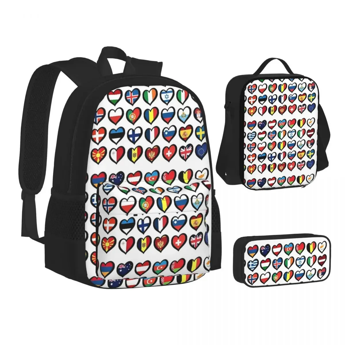 Eurovision Song Contest Flags Hearts Backpacks Boys Girls Bookbag Students School Bags Lunch Bag Pen Bag Three-Piece Set