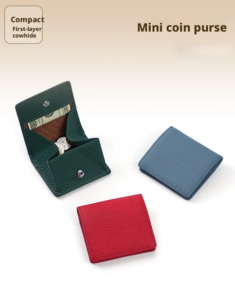 Schlichte Damen-Mini-Geldbörse aus echtem Leder, 80 % Rabatt, ultradünne, weiche Geldbörse aus Rindsleder, zusammenklappbar, tragbare Münztasche mit Druckverschluss, bietet Platz für – Detail 1
