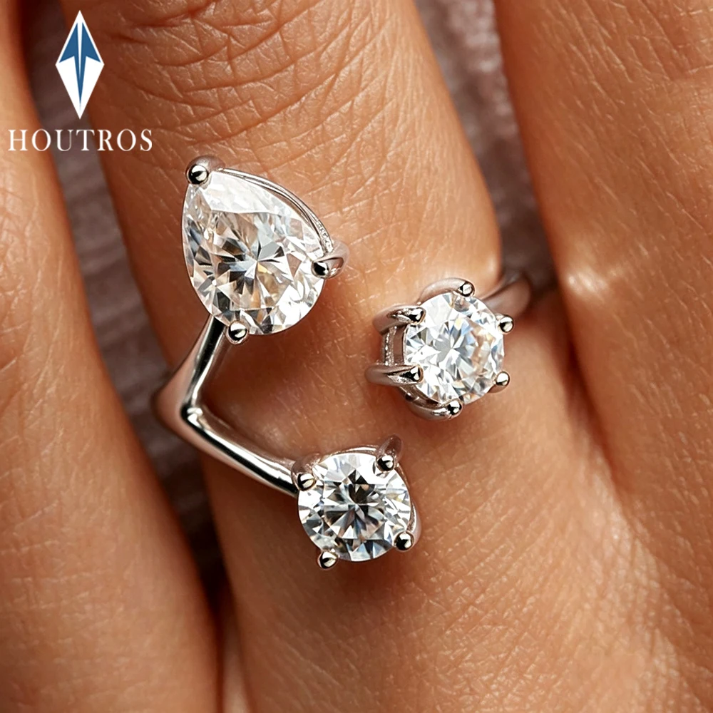 Pear and Round Cut Moissanite Open Cuff Ring 100% 925 Sterling Silver Three Stone Bypass Engagement Rings Bridal Jewelry Gift