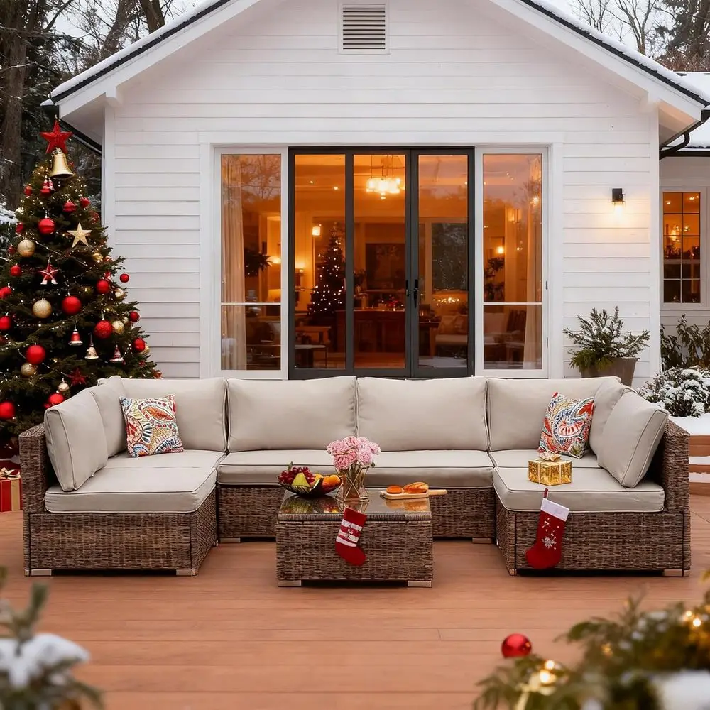 

Всепогодный комплект садовой мебели из 7 предметов с подушками, бежево-коричневый уличный секционный диван, плюс 2 подушки и журнальный столик