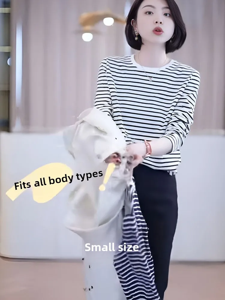 

Slimming Loose Fit Striped Long Sve T-irt Faionable Base Layer irt Inner Wear Vintage Sle Silk Fabric Spring Autumn
