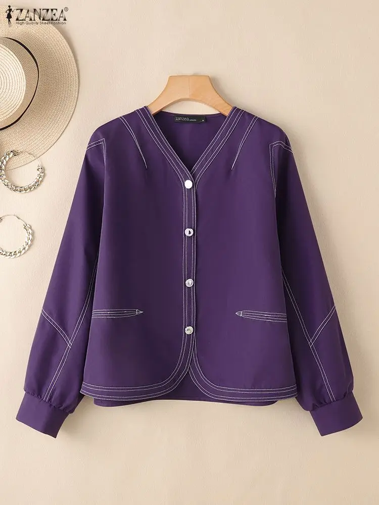 ZANZEA Stylowa Jesienna Koszula 2025 Damska Odzież Wierzchnia Modny Kardigan z Długim Rękawem w Kontrastowych Kolorach Cienkie Bluzki Zapinane na Guziki