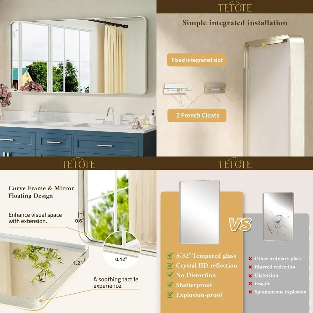 

Зеркало для ванной комнаты TETOTE из матового никеля, 48 x 24 дюйма, зеркало для ванной комнаты в металлическом каркасе из матового никеля, закаленное стекло, современный фермерский дом