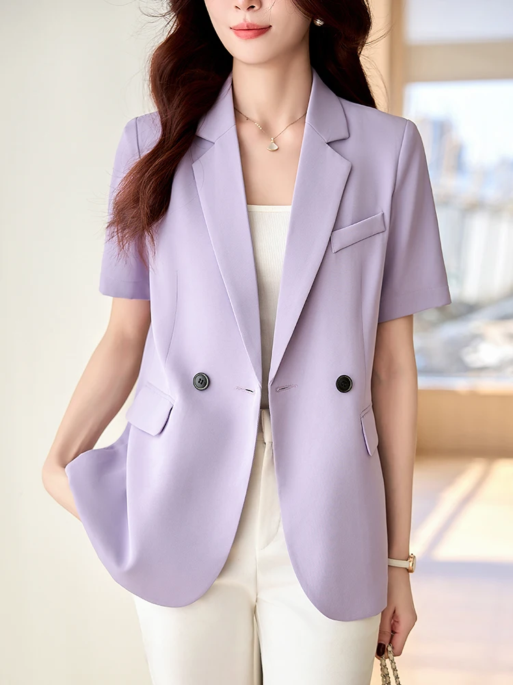 

Женский летний тонкий пиджак Slim Fit фиолетового цвета с коротким рукавом, повседневный модный костюм с разрезом сзади, деловой стиль, на двух пуговицах