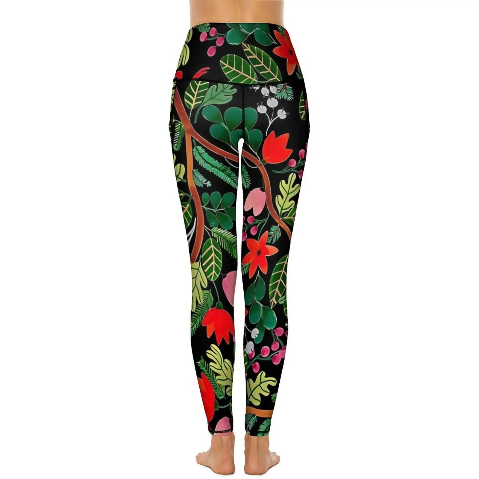 Schwarze Leggings mit Weihnachtsblumenmuster, Workout-Yogahose, hohe Taille, ästhetische Leggins, schnell trocknende Sportstrumpfhose mit Aufdruck, große Größe