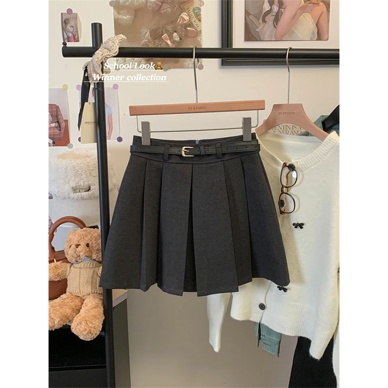 MEXZT Streetwear Woolen Mini Skirt Women Fashion Harajuku with Belt Black Pleated Skirts Fall Winter Preppy Korean A Line Faldas