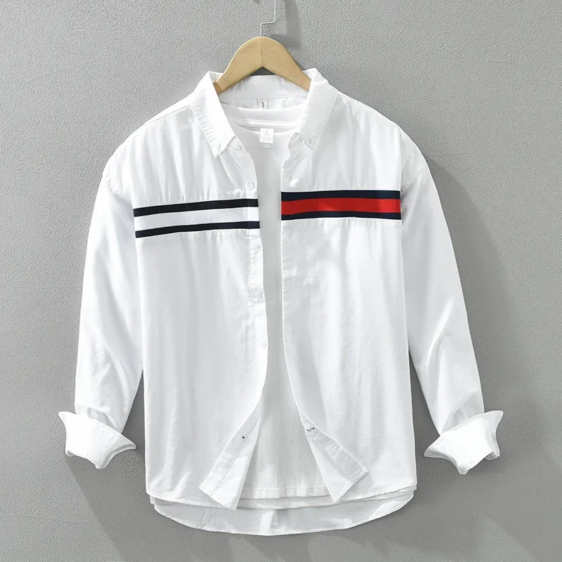 2024 Spring New Striped Patchwork Shirt for Men Cotton Loose Long Sleeve Shirts Fashion Dress Shirt