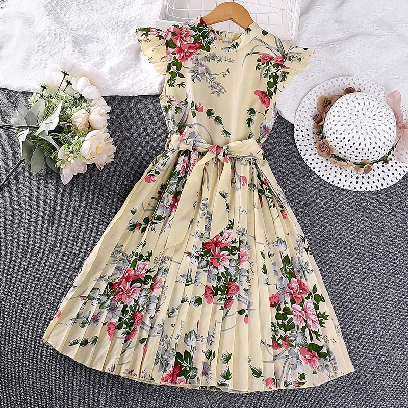 Children\'s Dress For Girls 5-12 Years O-neck Small Flying Sleeve Floral Print Pleated A-line Skirt Give Belt