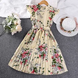 Children's Dress For Girls 5-12 Years O-neck Small Flying Sleeve Floral Print Pleated A-line Skirt Give Belt