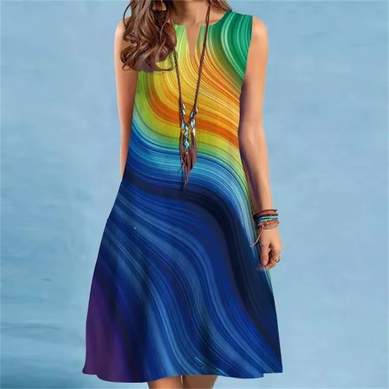 Minivestido Retro con estampado 3D para mujer, novedad de verano 2021, vestido Sexy holgado sin mangas con cuello en V para mujer, vestido elegante bohemio para playa