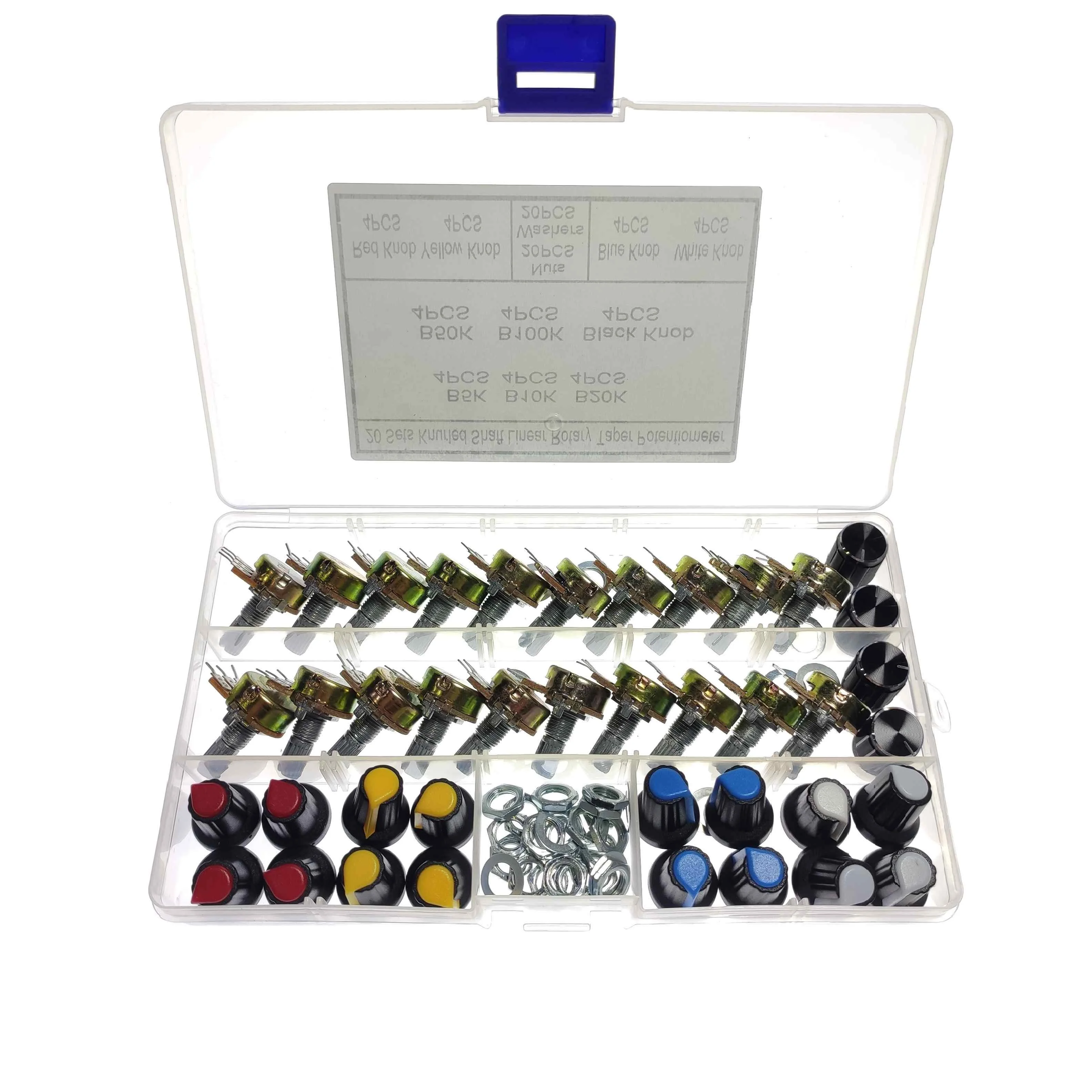 20PCS Single Potentiometer B5k/10k/20k/50k/100k Black White Blue Red And Yellow Knob Cap Set Boxed Knurled Shaft Linear Rotary