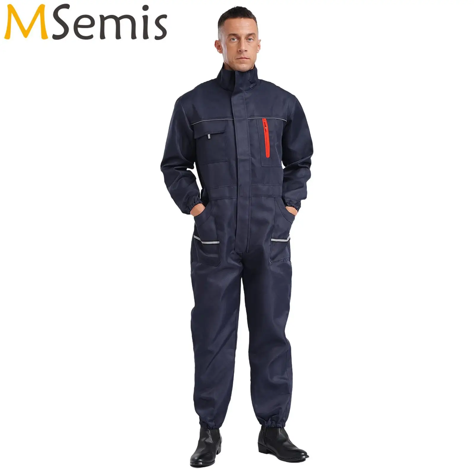 

Mens Reflective Stripes Coveralls Stand Collar Long Sleeve Zipper Jumpsuits Overalls Factory Workshop Work Clothes with Pockets