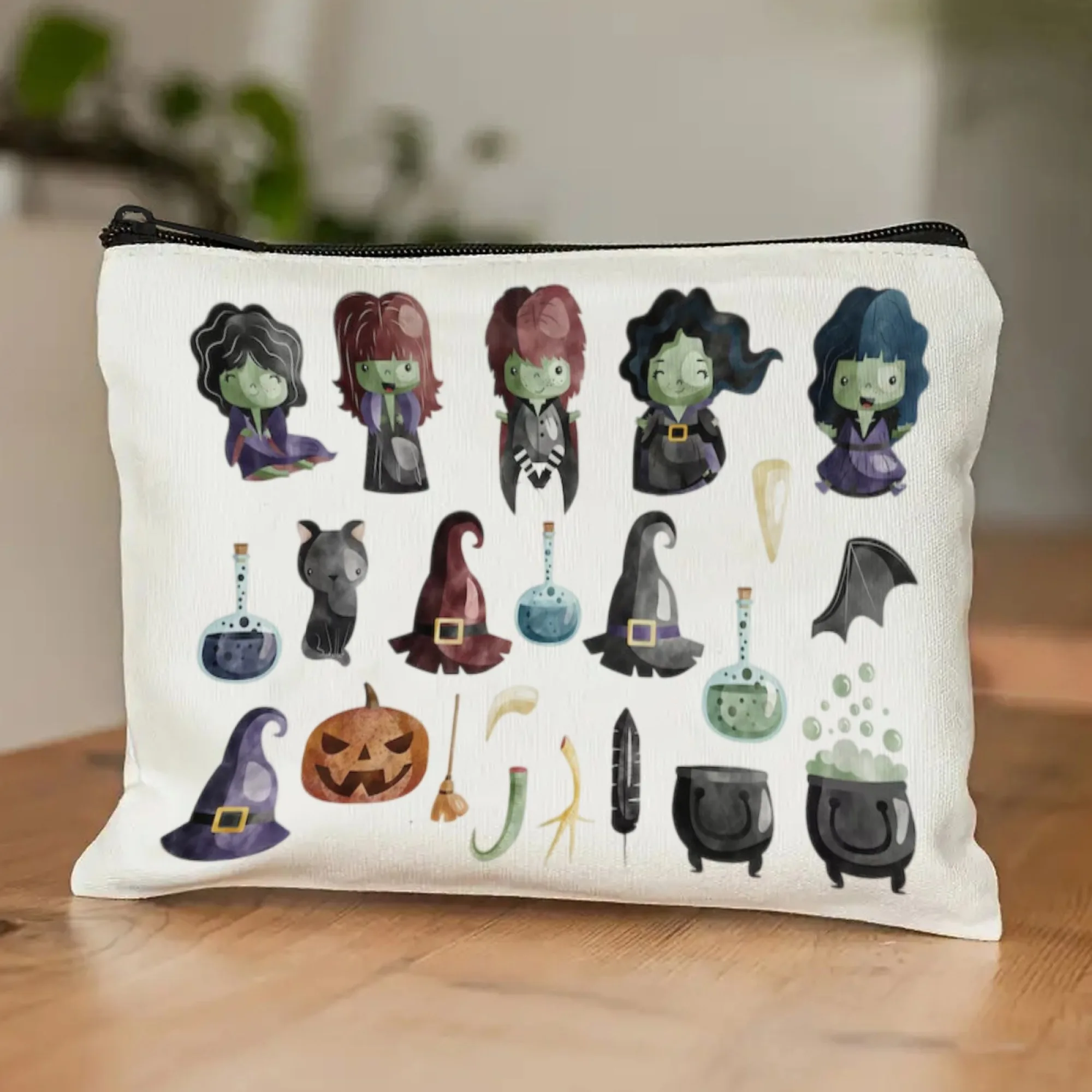 Borsa per cosmetici in tela a tema Halloween, personaggi classici delle streghe, pozioni, cappelli da strega, caldeffer di zucca, accenti per gatti, leggeri