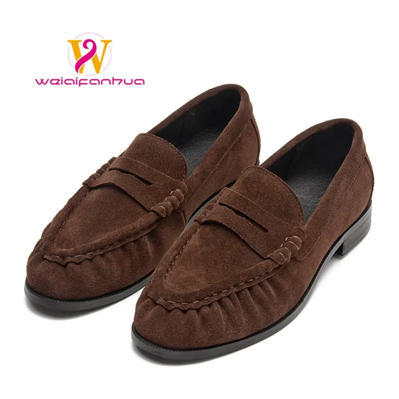 

Lady loafers 2026 model handcrafted retro pleated single shoes for women, women's low-heeled leather suede shoes