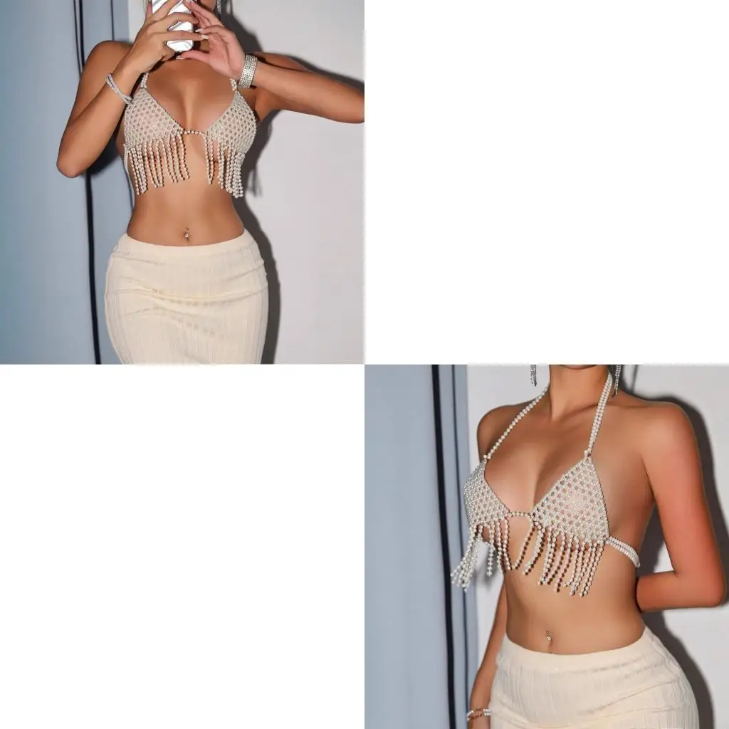 Y3NE Elegant Pearls Body Chain Fringe Body Jewelry Halter Neck Bra For Women