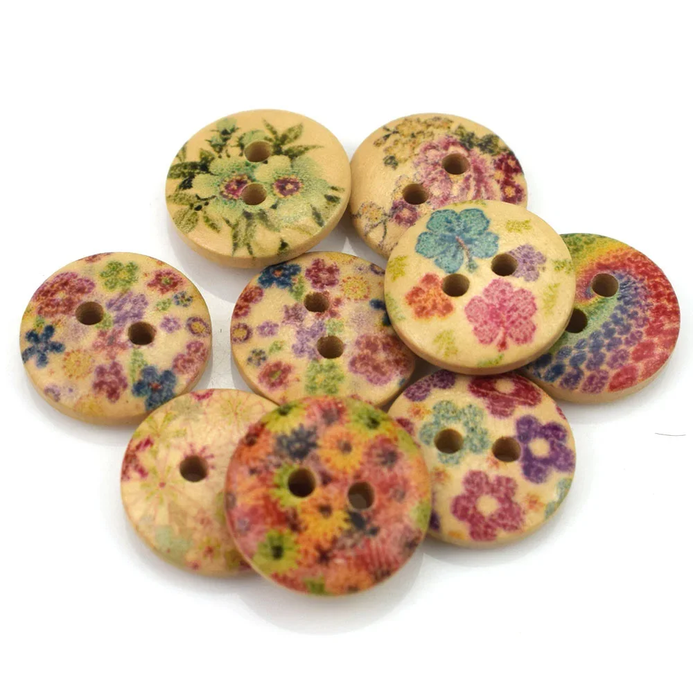 50PCS 15MM 2-Holes Button Color Printing Round Wood Buttons Sewing Scrapbooking Decor Card Making DIY Buttons for Clothing