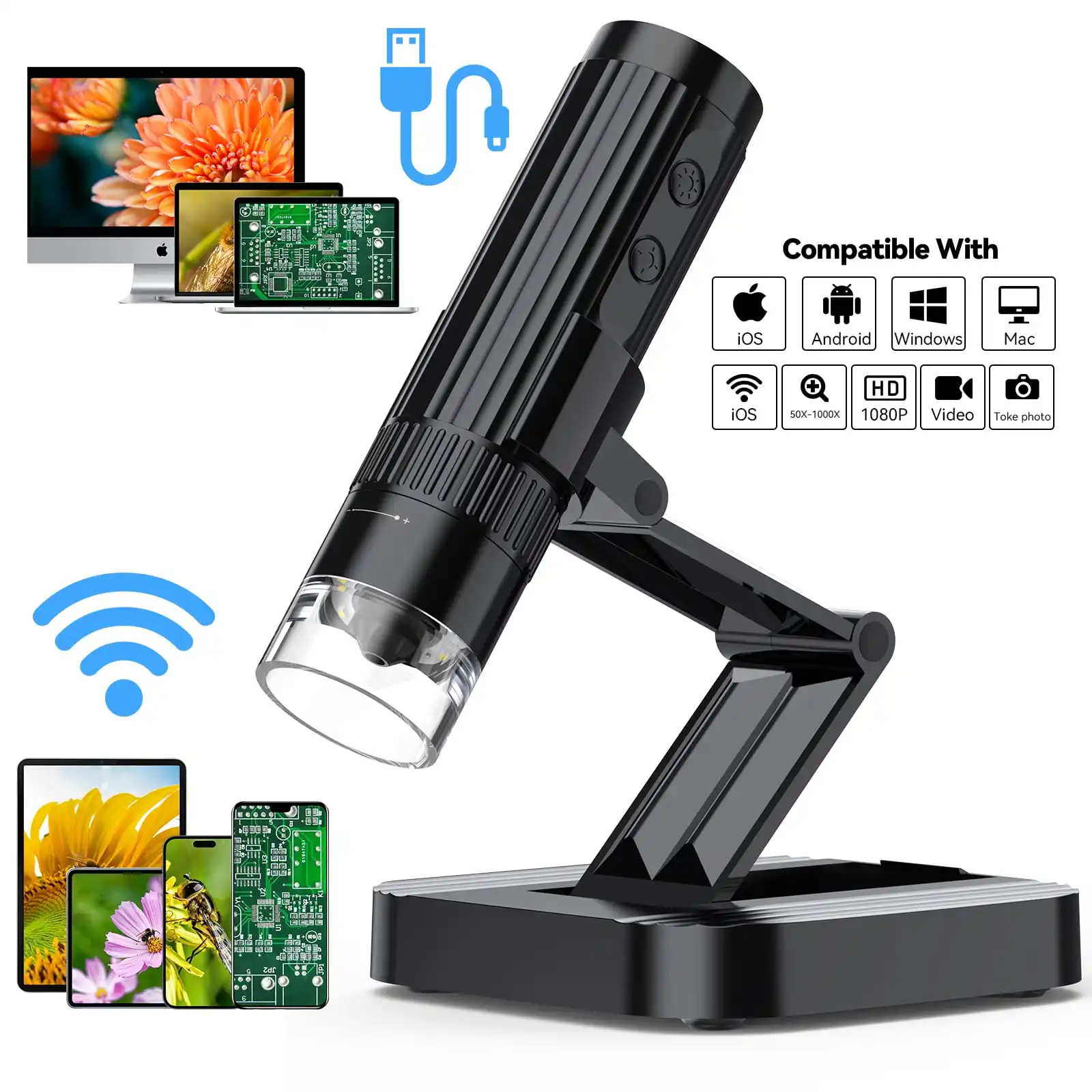 Sitoole 1000X HD Wireless Microscope with Adjustable Stand, WiFi Handheld Digital Magnifier Camera for IOS Android and Mac PC