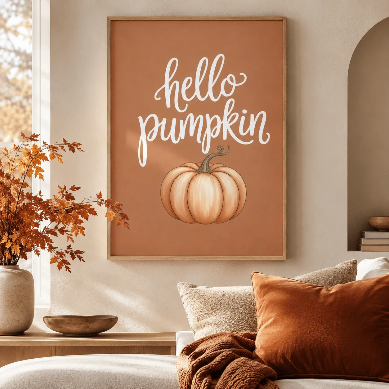 2D Flat, 2D Flat, 1pc Halloween Hello Pumpkin Cursive Font Pumpkin Warm Brown Frameless Canvas Painting, Bohemian Minimalist