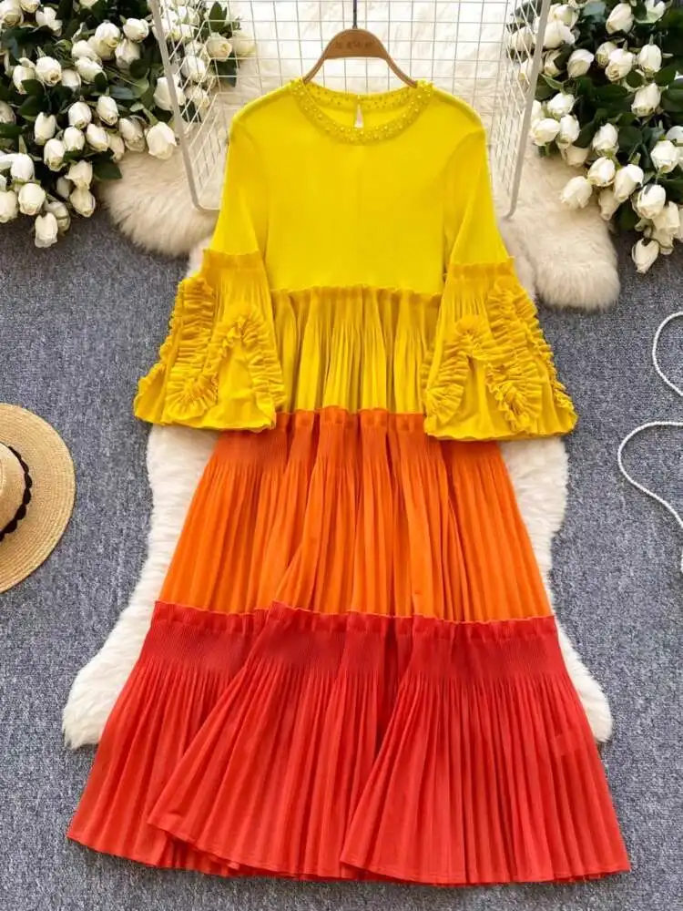 

Роскошное вечернее платье, женское осеннее платье с расклешенными рукавами и контрастными плиссированными длинными платьями, женское винтажное длинное платье