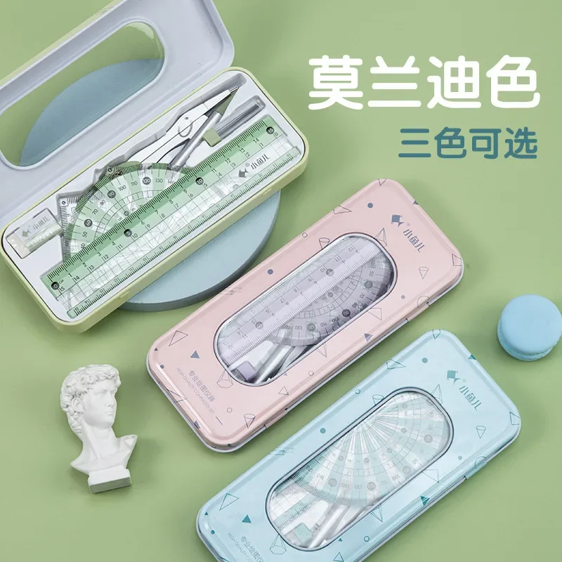 Little Fish Stock Creative Compass Set Triangle Ruler Student Stationery Drawing Metal Ruler Set Ruler