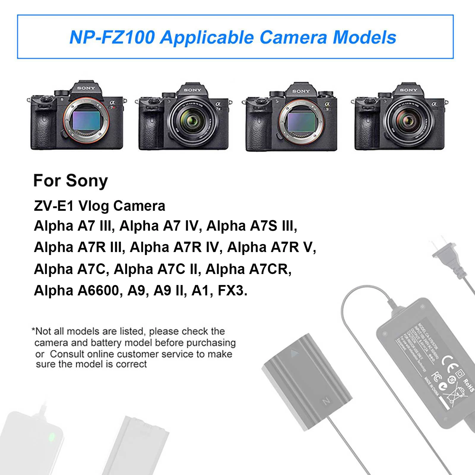 NP-FZ100 AC Adapter Dummy Battery Kit for Sony Alpha A7 III, A7R III, A7S III, A7 IV, A7R IV, A7R V, A7C, A7C II, A7CR, A6600