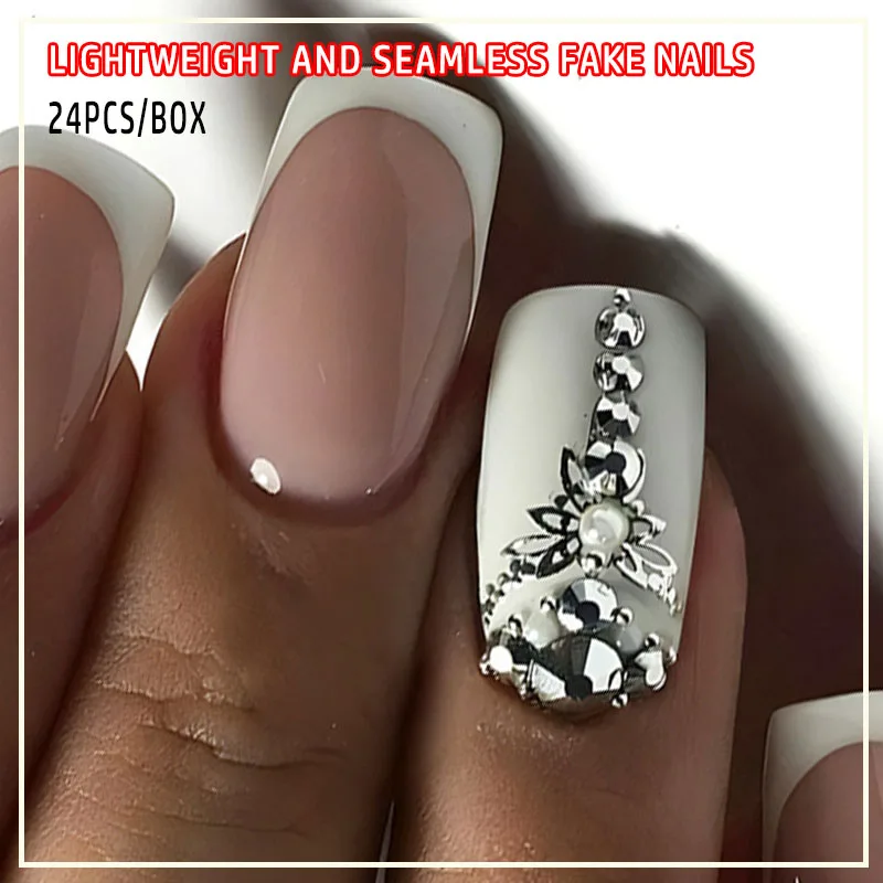 

24pcs Simple French False Nails With Gel White Square Head Fake Nails With Designs Short Press On Nails Natural Artificial Nail