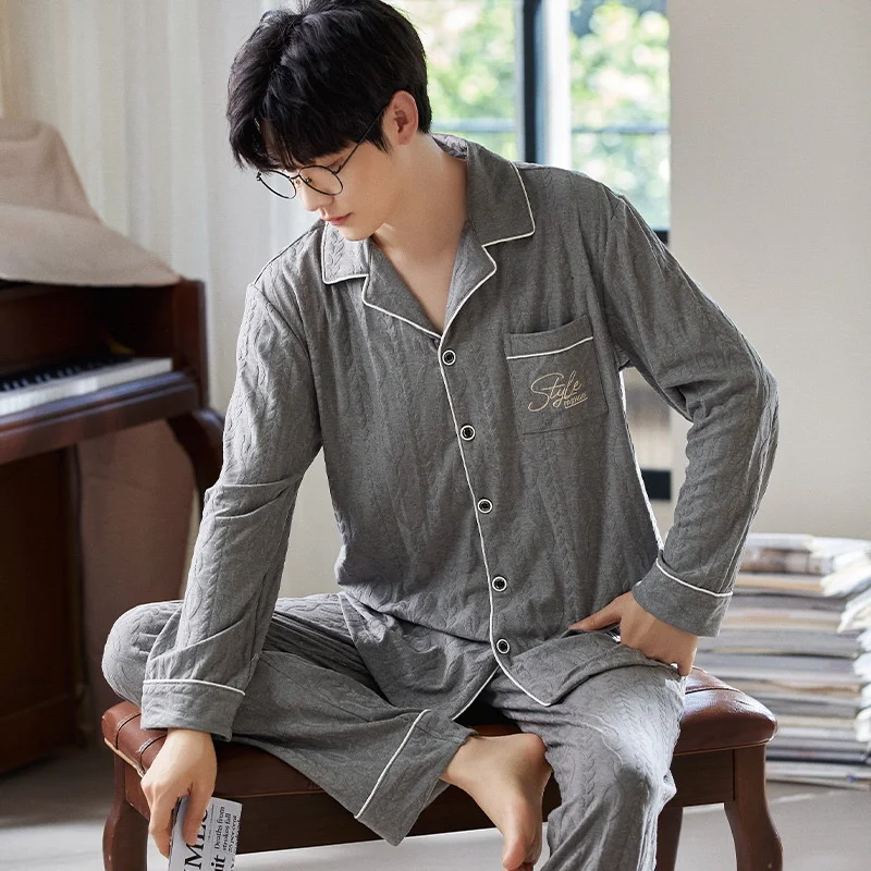 Men's Spring Summer Solid Cotton Sleepwear Long Sleeve Trousers Cardigan Suit Casual Loose High Elastic  Teenagers Pajamas