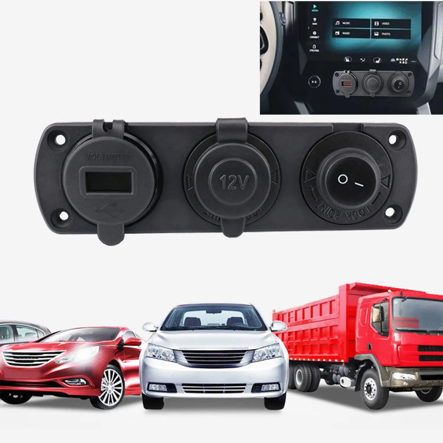 for 12V Cigarette Lighter Socket 3 in 1 Waterproof Panel Dual QC3.0 USB Charger Voltmeter For C