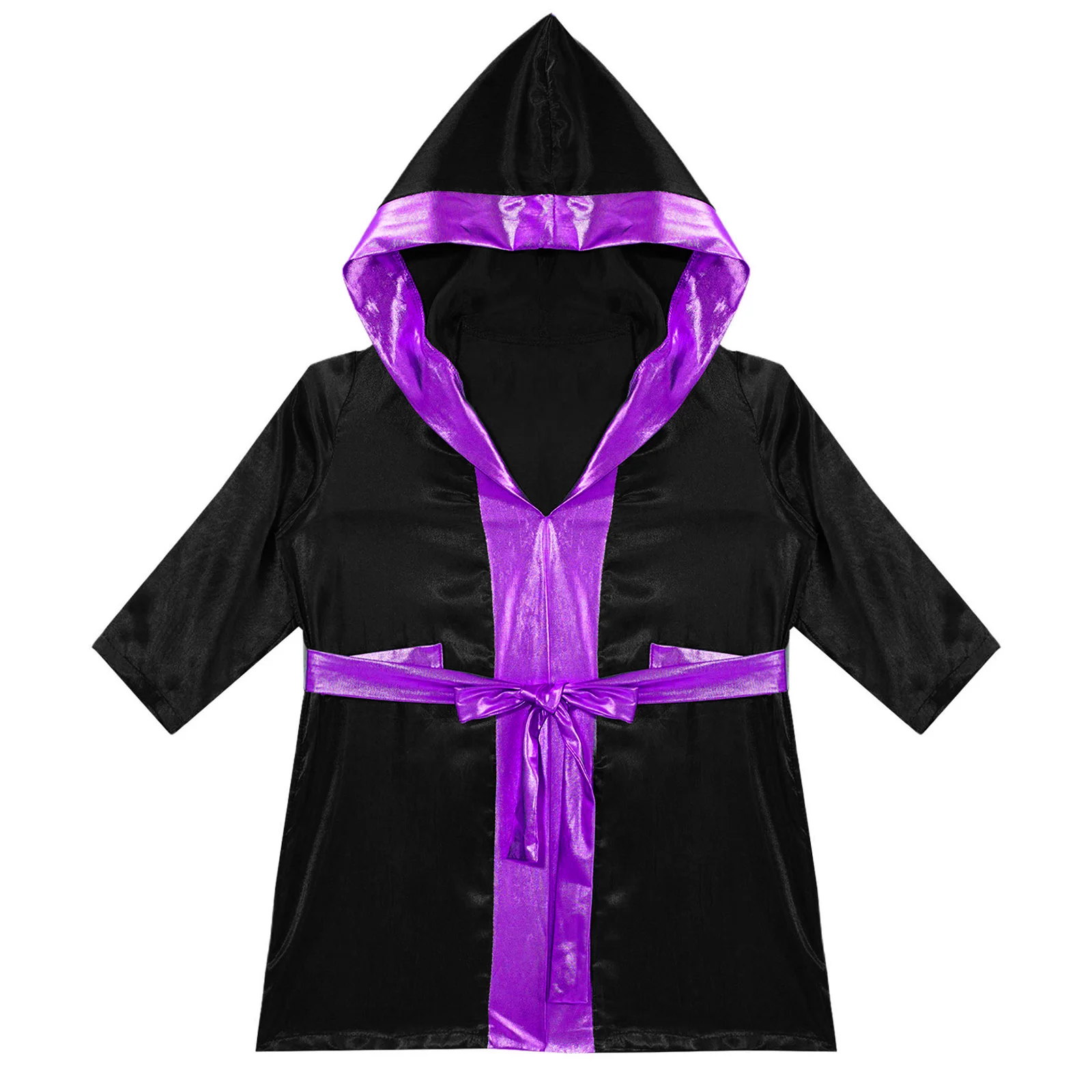 Children Boys Boxing Robe Long Sleeve Metallic Satin Cardigan Hooded Cloak with Belt Halloween Theme Party Boxer Cosplay Costume