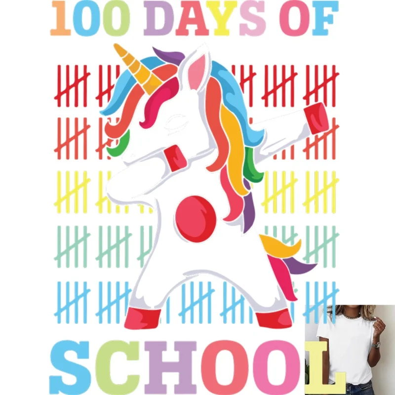 100 DAYS OF SCHOOL Rainbow Unicorn Heat Transfer White Ink Iron - on Patch, Trendy & Versatile Decoration for T - shirts &
