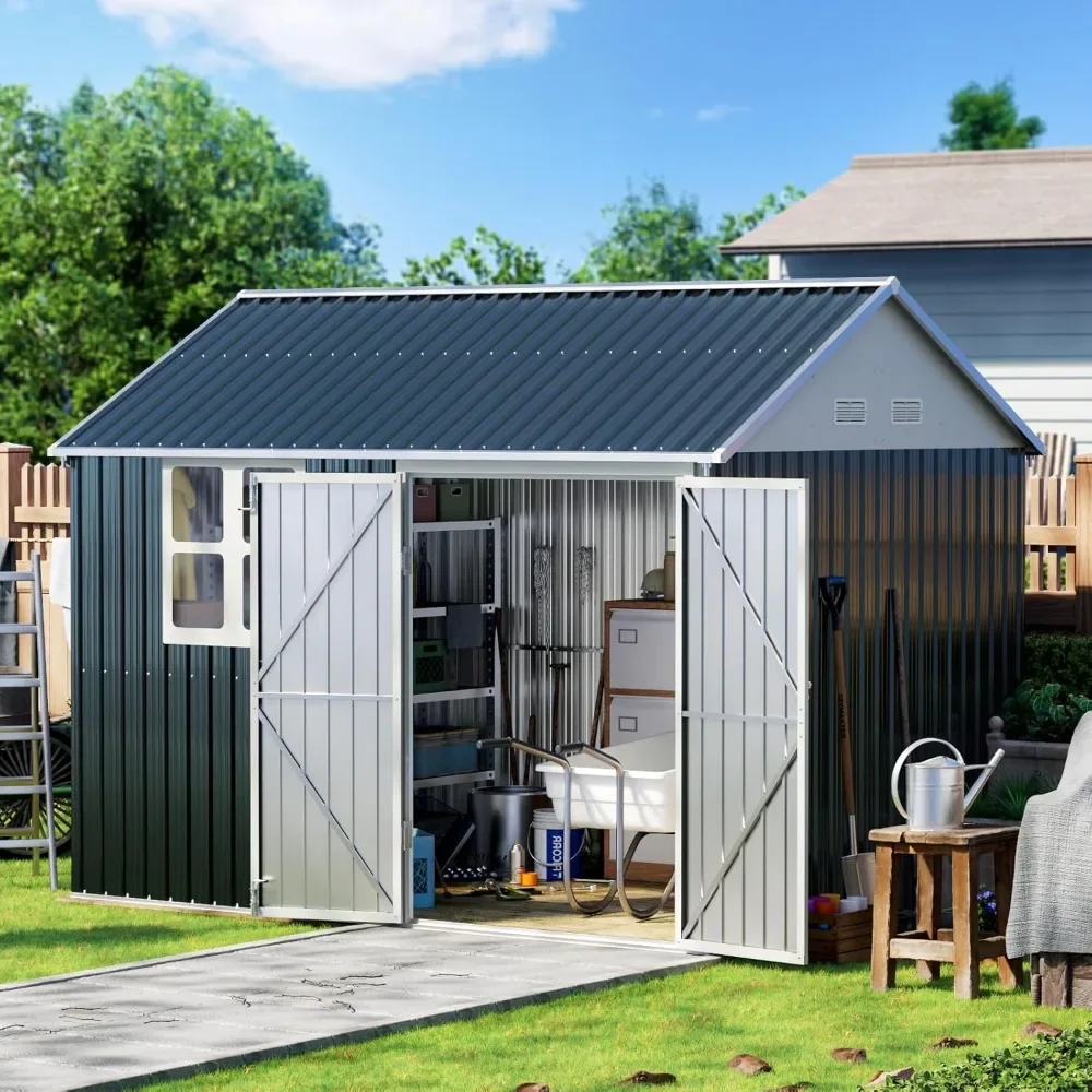 10X8FT Outdoor Steel Storage Shed with Lockable Doors, One Window,Ideal for Garden, Backyard, Patio Storage